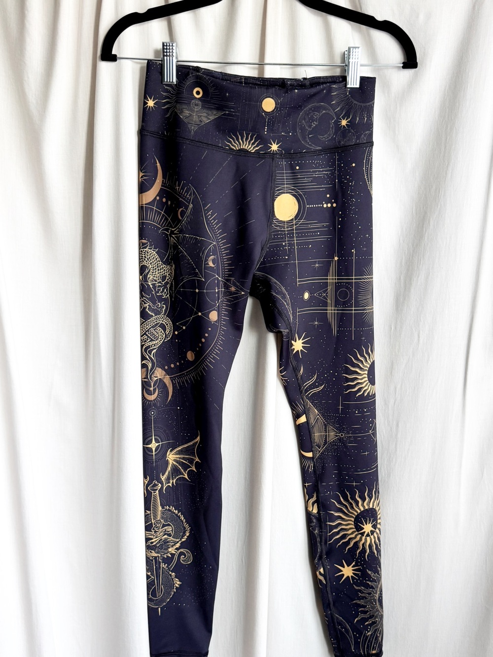 LUNAFIDE Dragon Black Athletic Leggings with Gold Celestial Print